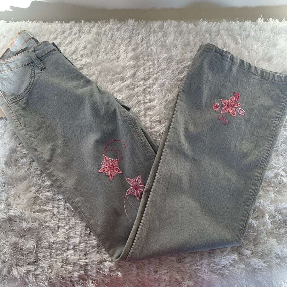 Jasmine Gray Deadstock Low Rise Flare Jeans Pink Floral Embroidery Sz 7/8